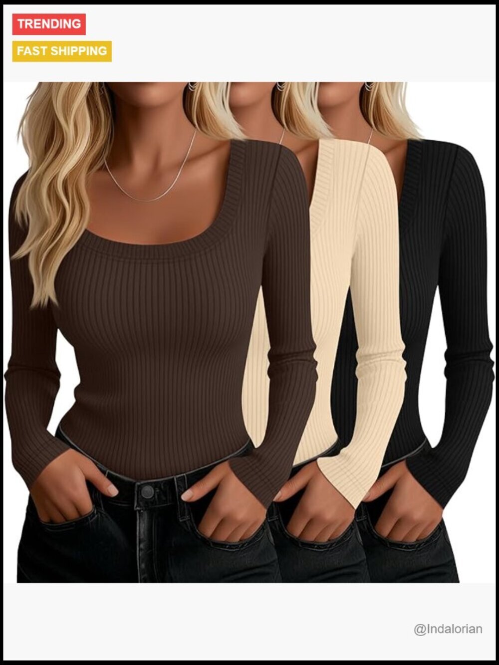 3 Pack Long Sleeve Ribbed Scoop Neck Tops Slim Fit Basic Layer Tees